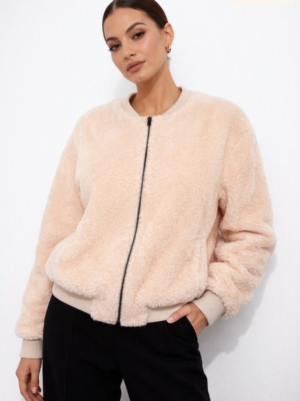 Women's Pale Pink Sherpa Plush Bomber Jacket Small